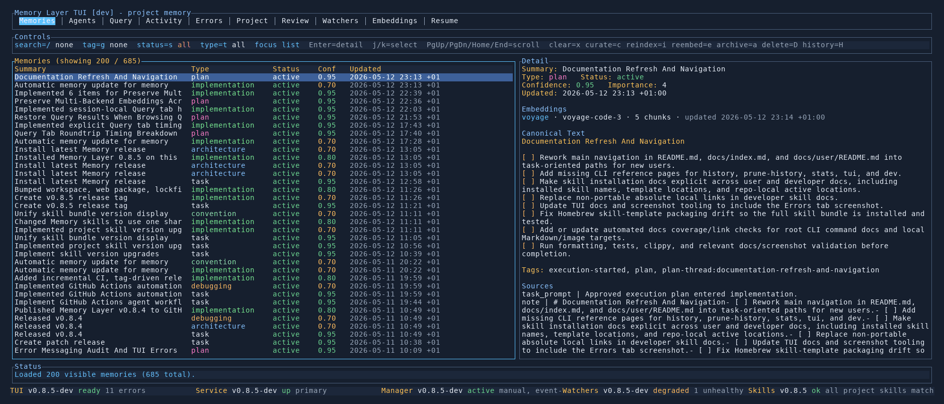 Memory Layer TUI overview